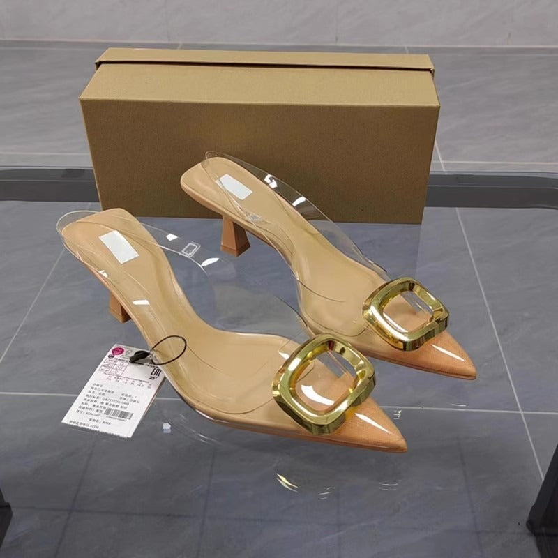 Pointed toe PVC transparent rubber sandals, metal square buckle, stiletto heel, trip strap, sexy women's shoes