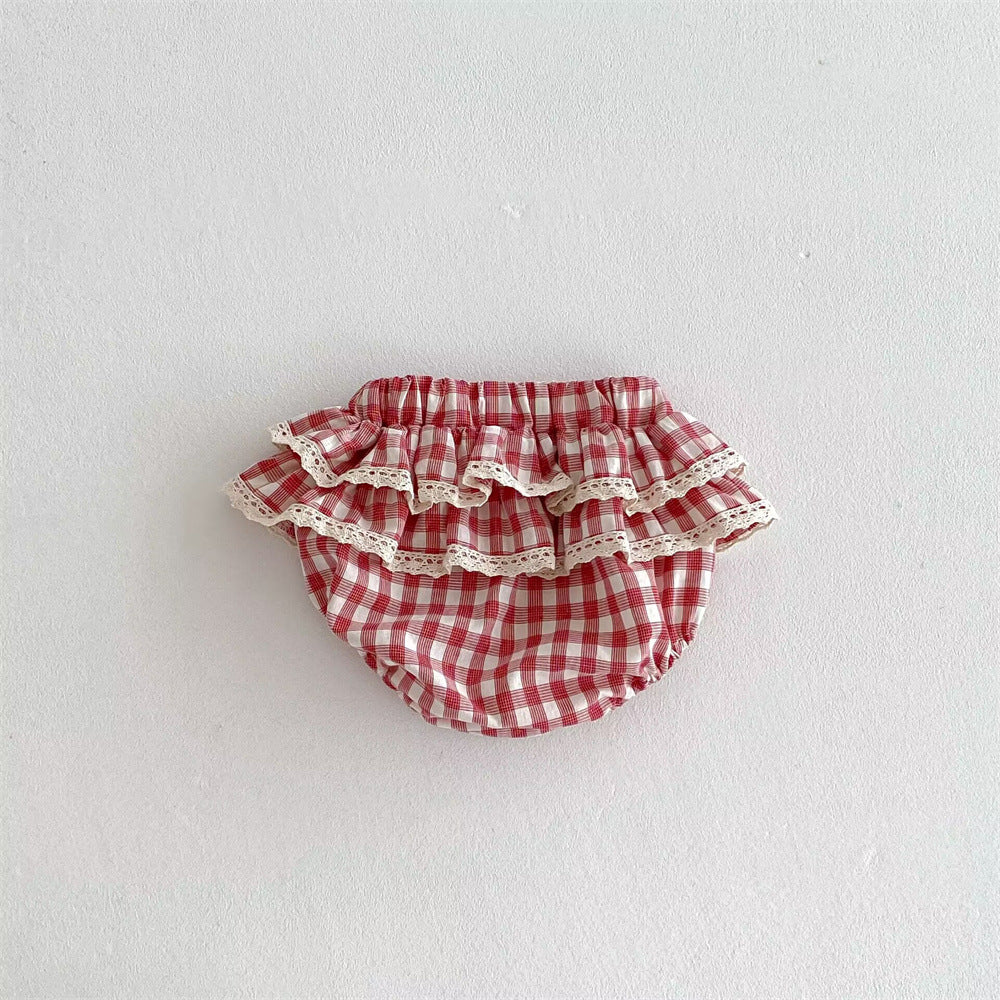 Girls' plaid lace pants