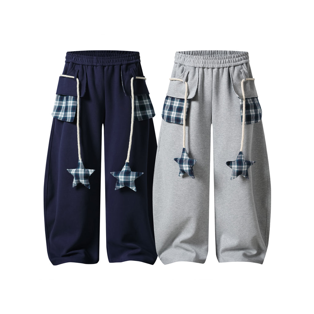 Checkered Star Cargo Sweatpants, Loose Wide-Leg Fit, Edgy Casual Long Pants