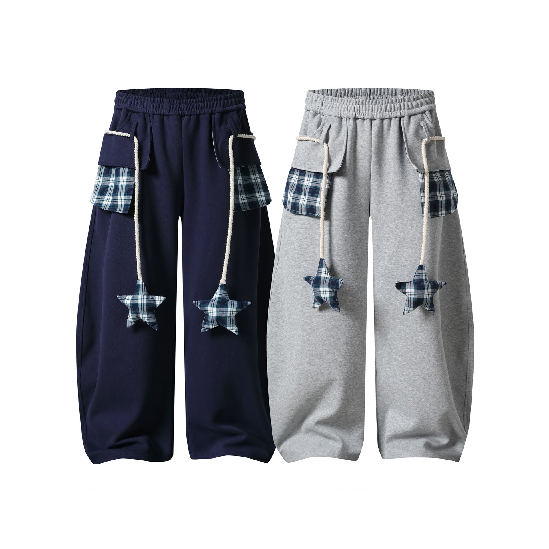 Checkered Star Cargo Sweatpants, Loose Wide-Leg Fit, Edgy Casual Long Pants