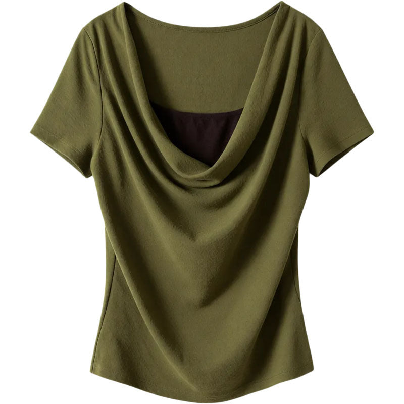 False Two-Piece Drape Neck Short Sleeve T-Shirt , Stylish Fitted Waist-Cinching Collar-Baring Top