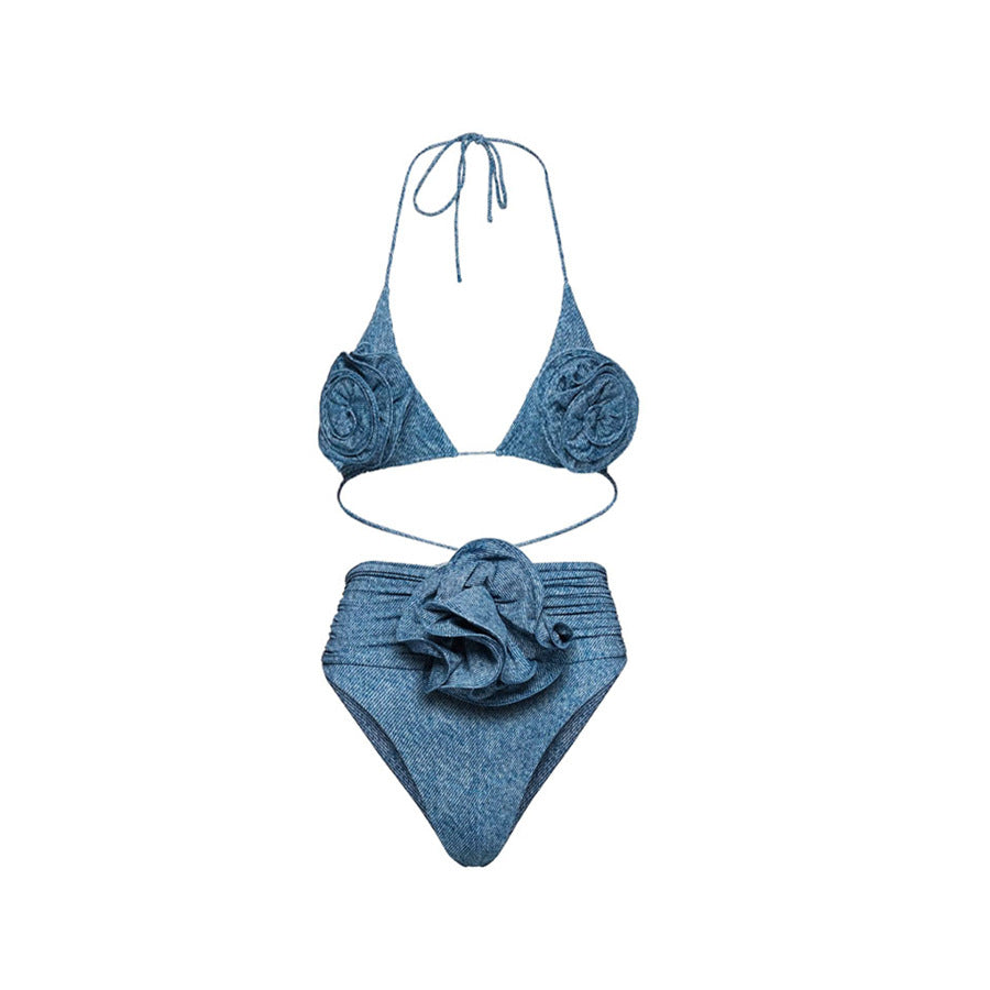 Flower Decorated Halter Tie-Up Two-Piece Swimsuit Women High-Waisted Bikini