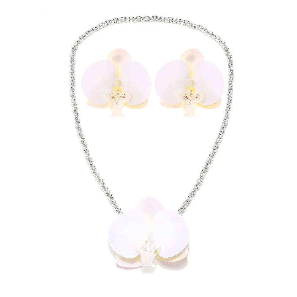 Simulation Phalaenopsis Flower Pendant Necklace Earring Set for Women Elegant Floral Rural Petal Chains Necklaces Accessory
