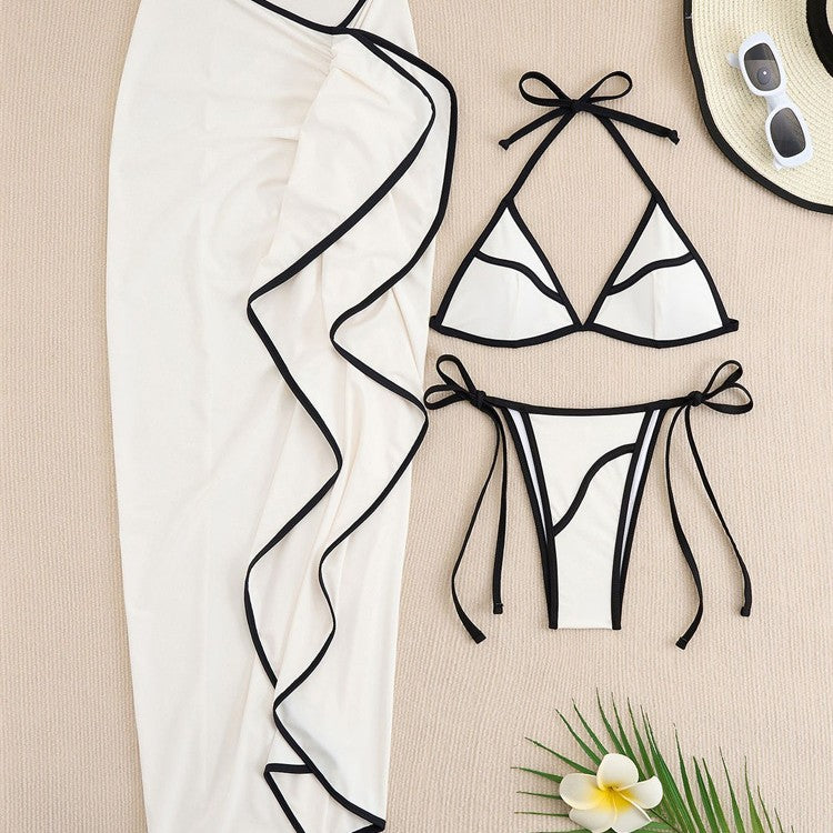 Tie-Up Long Dress Three-Piece Swimsuit, Resort Style Swimwear