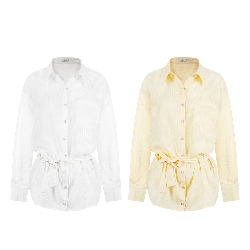 Belted Fitted Stripe Shirt Loose Slimming Sun Protection Top Date Outfit