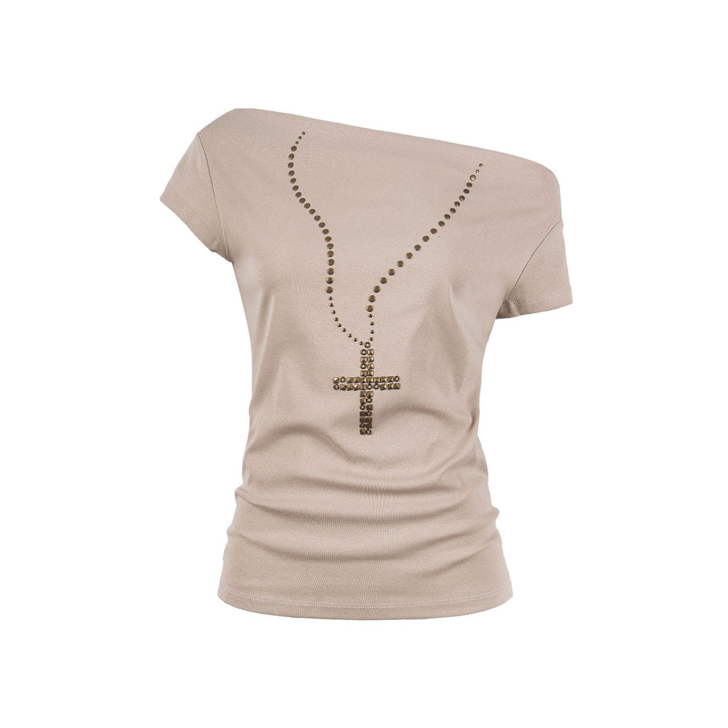 Shoulder Rhinestone Necklace Print T-Shirt Women Fitted Slim Fit Short Sleeve Top