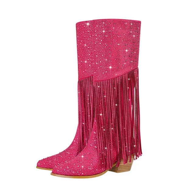 New Women's Thick High Heels Knee Long Women's Boots Fashion Tassel Rhinestone Short Boots Pointed Large Women's Boots