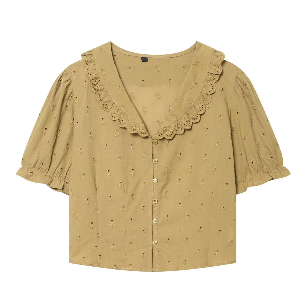 Embroidered small round collar shirt