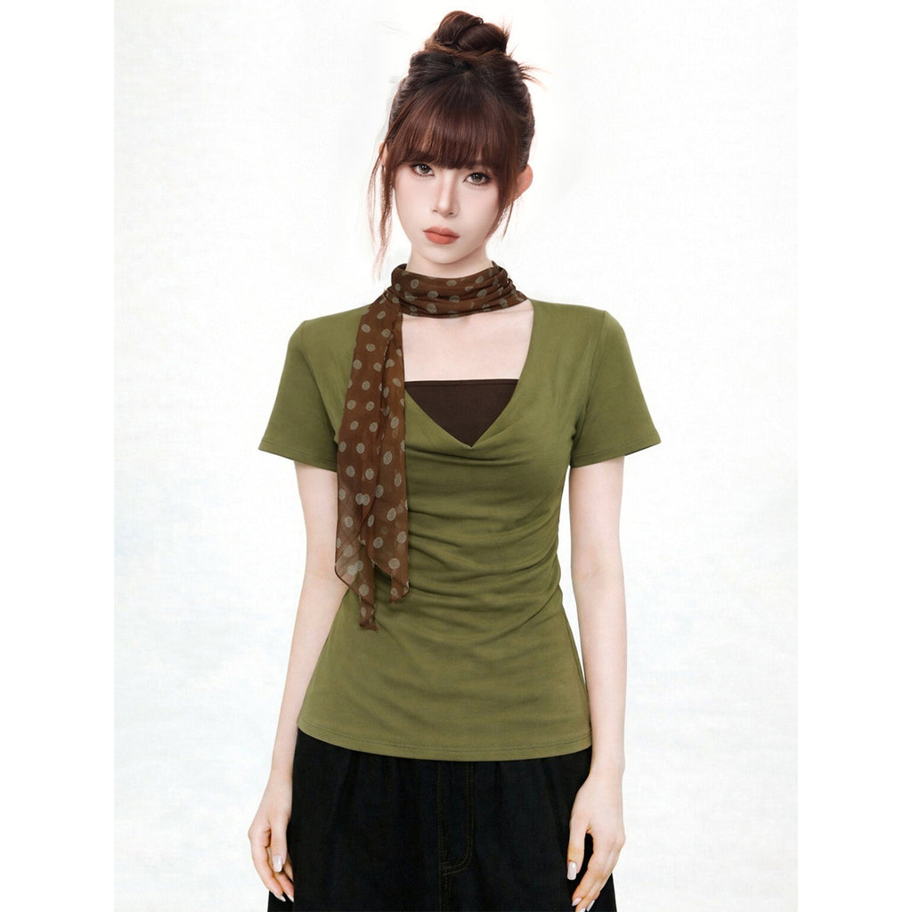 False Two-Piece Drape Neck Short Sleeve T-Shirt , Stylish Fitted Waist-Cinching Collar-Baring Top