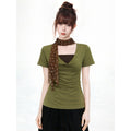 False Two-Piece Drape Neck Short Sleeve T-Shirt , Stylish Fitted Waist-Cinching Collar-Baring Top
