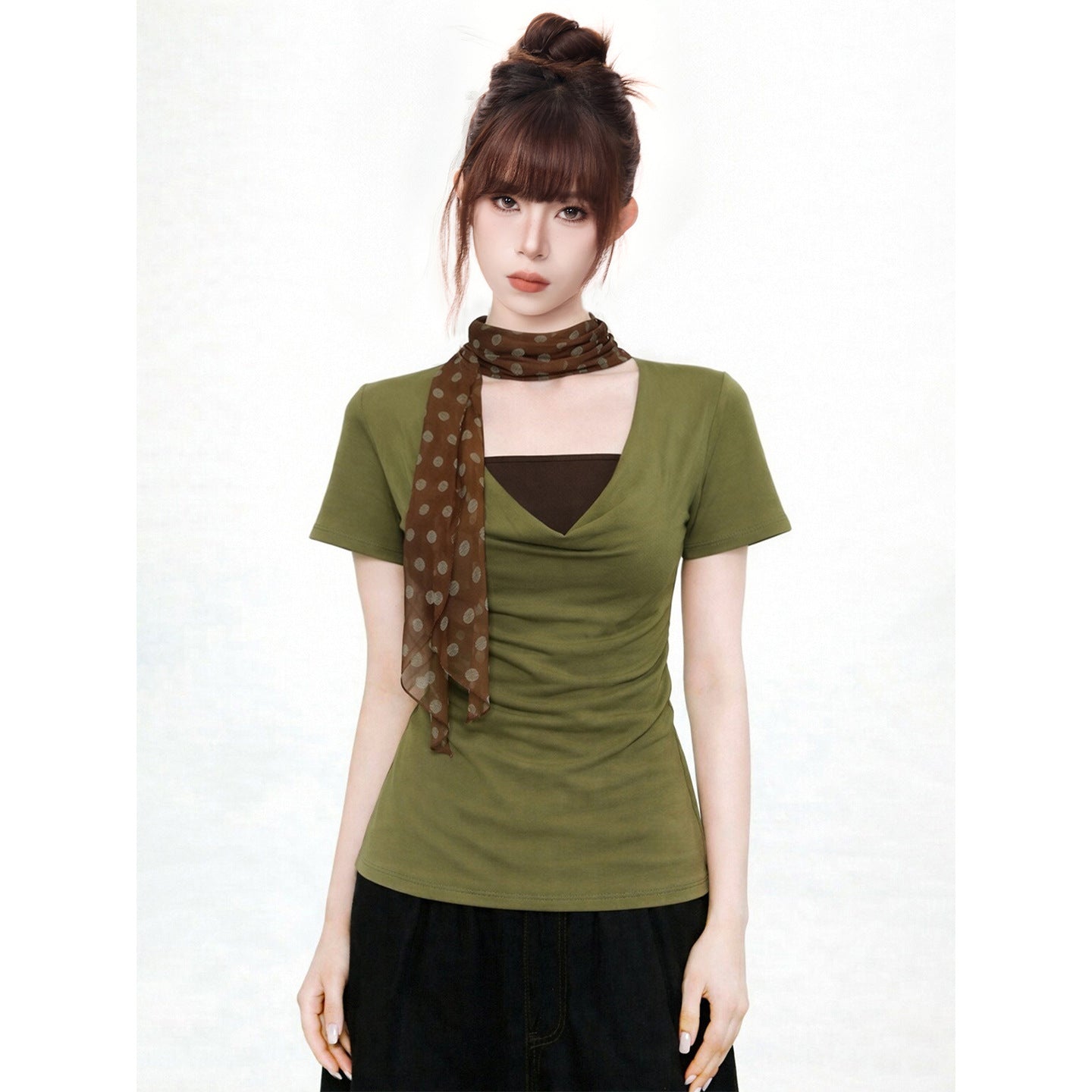 False Two-Piece Drape Neck Short Sleeve T-Shirt , Stylish Fitted Waist-Cinching Collar-Baring Top