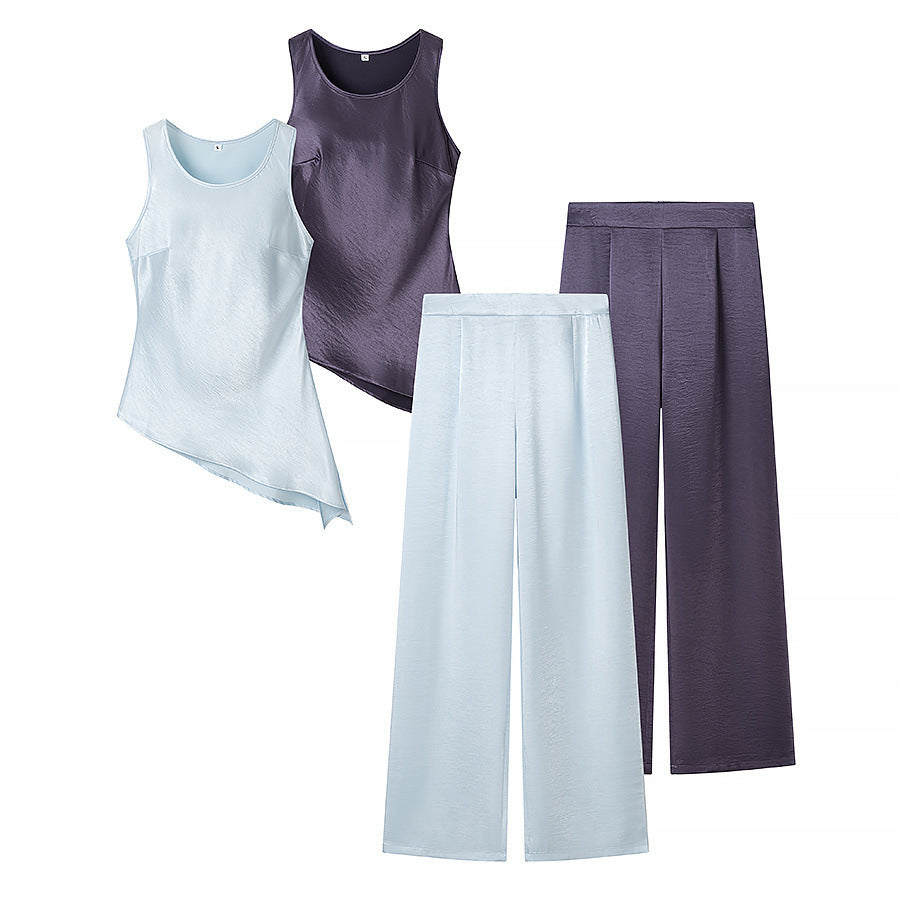 Irregular silk top+pants set