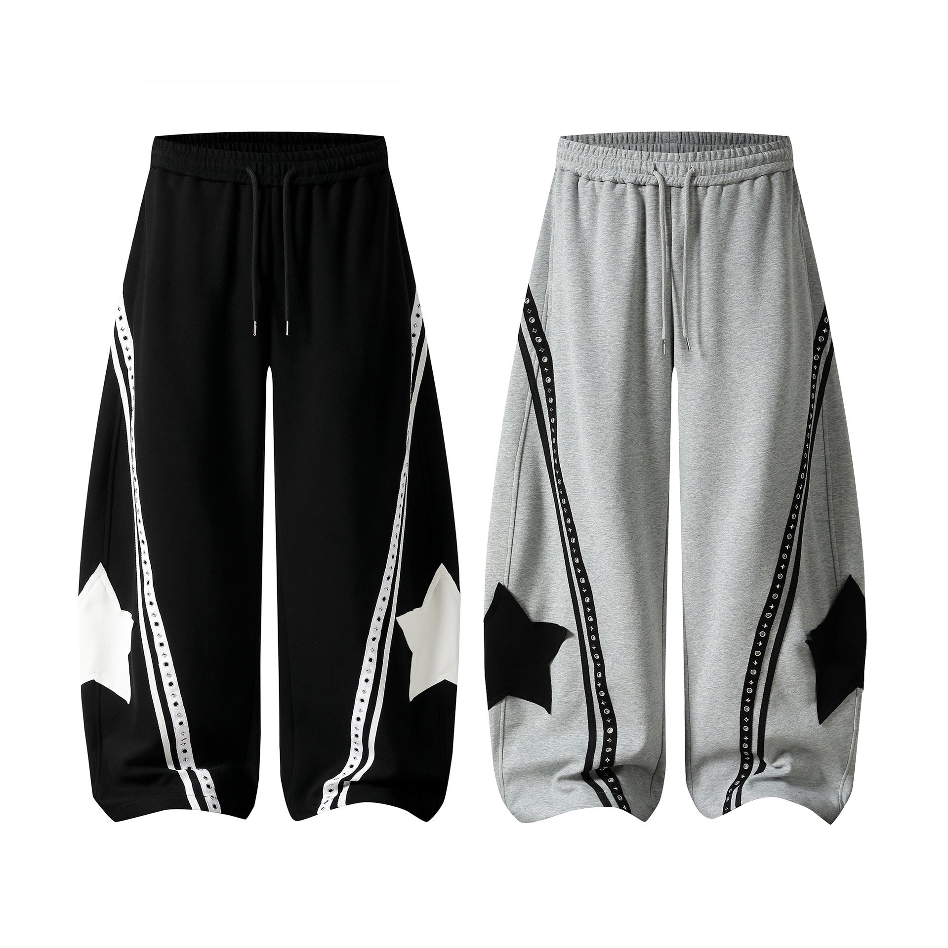 Color-Blocked Star Patchwork Sweatpants with Drawstring Waist and Rivet Decoration, Loose Fit Slimming Girl Pants