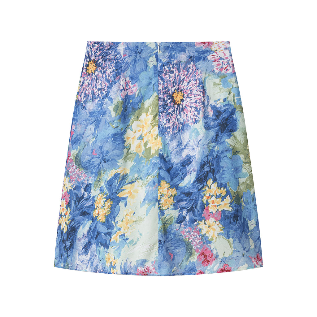 Blue Printed Floral A-Line High-Waisted Bodycon Skirt Elegant Style Mid-Length Skirt
