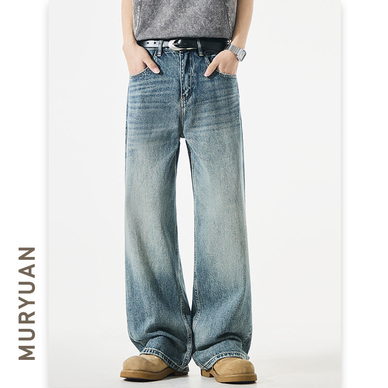 Washed Blue Denim Pants for Men Versatile Mid-Waist A-Line Long Trousers