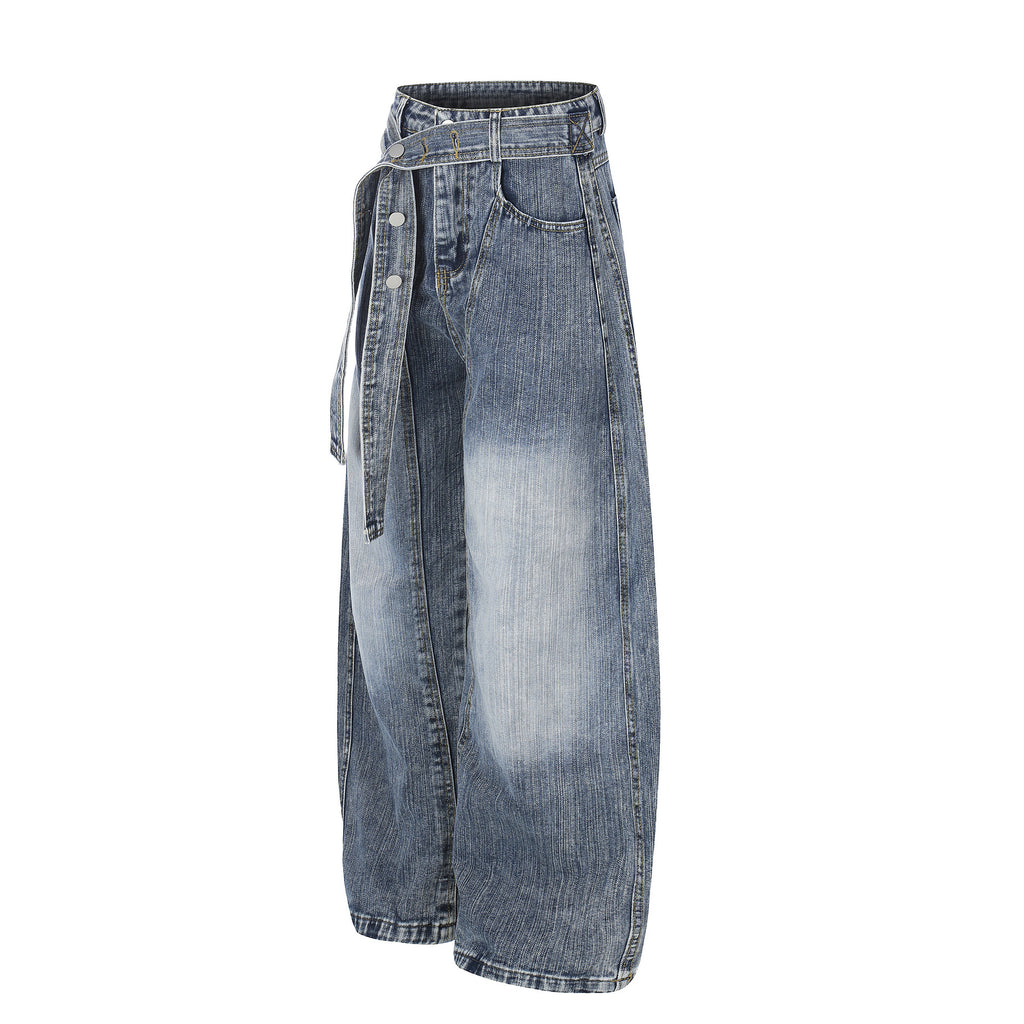 Washed White Cross Waist Belt Design Jeans Unisex Loose Wide Leg Knife-Edge Floor-Length Pants