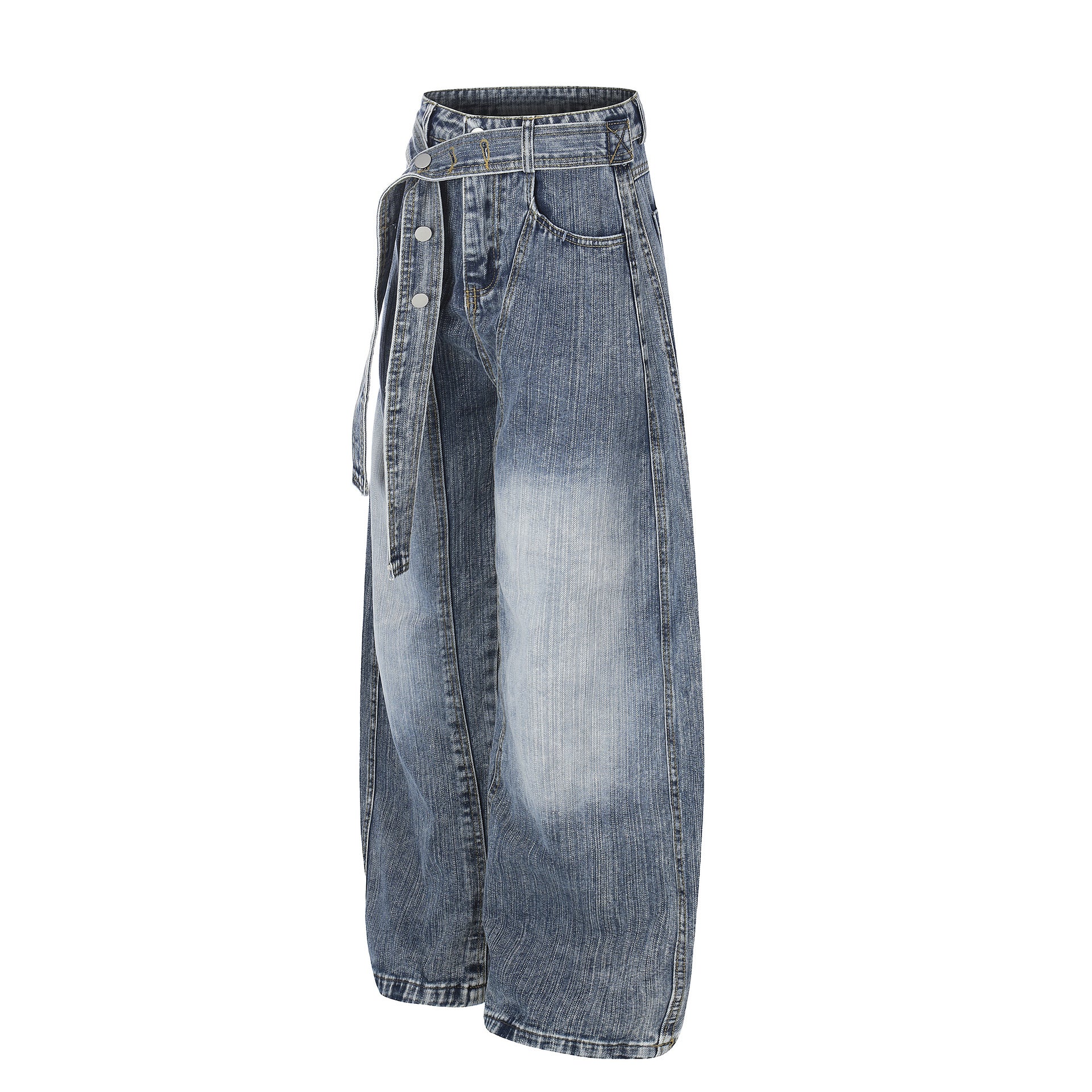 Washed White Cross Waist Belt Design Jeans Unisex Loose Wide Leg Knife-Edge Floor-Length Pants