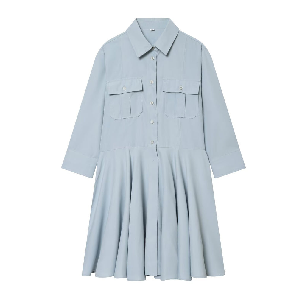 Commuting style pleated shirt style long sleeved dress