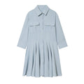 Commuting style pleated shirt style long sleeved dress