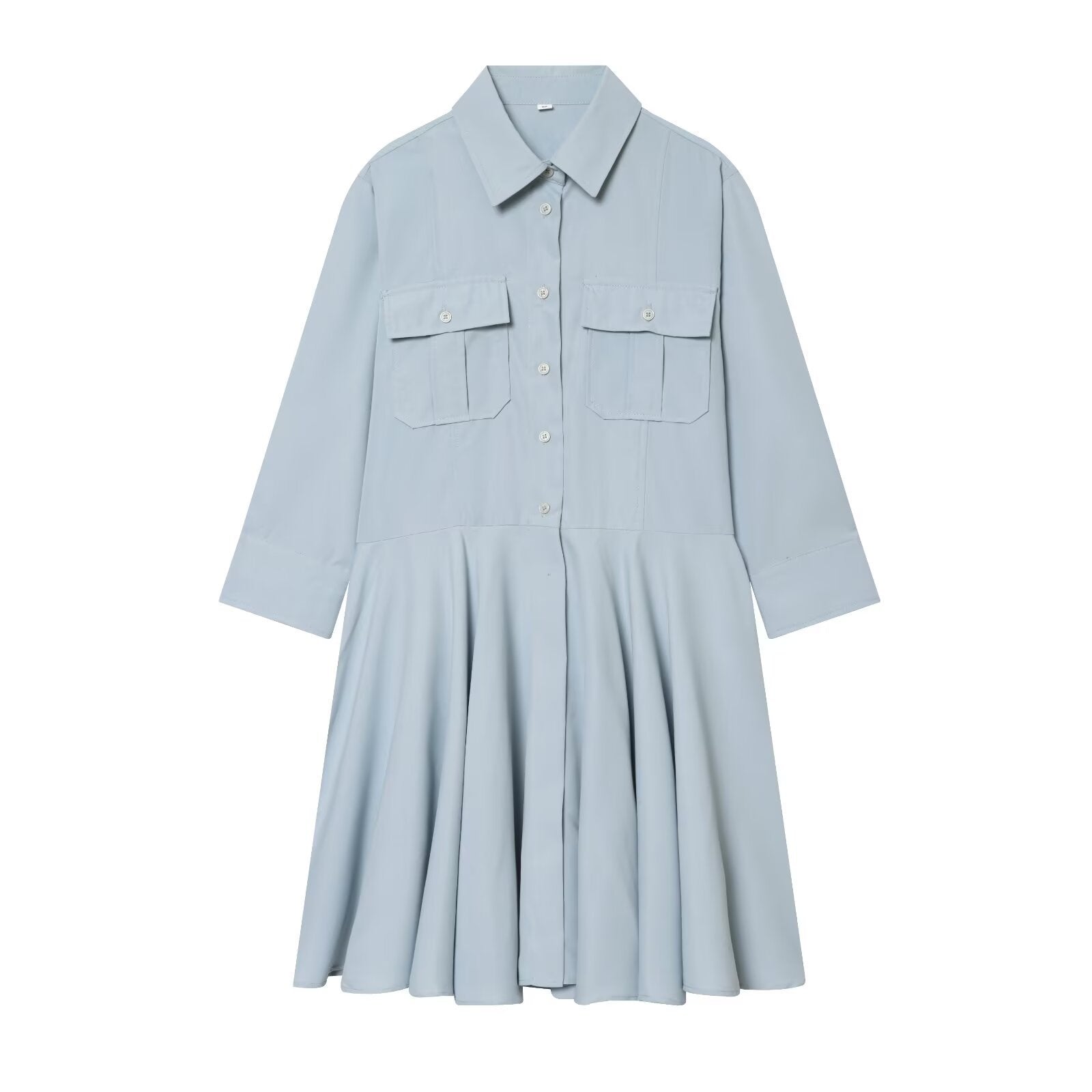 Commuting style pleated shirt style long sleeved dress