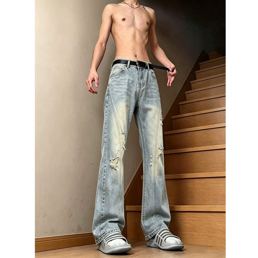 Ripped Denim Pants Men Vibe Straight Leg Slight Flare Pants