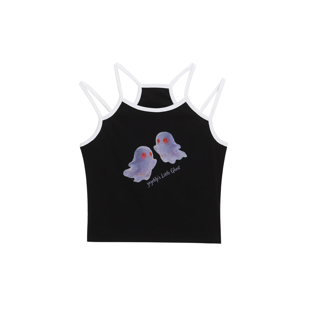 Cool Ghost Print Strap Top, Dual Color Contrast Fitted Cropped Outerwear Shirt