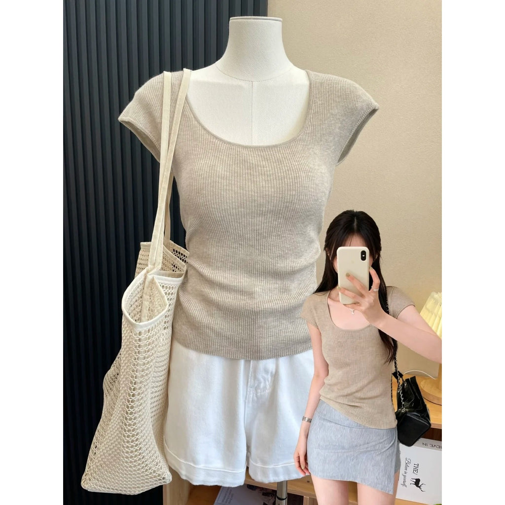 Soft Style U-Neck Elegant Ribbed Knit Short Sleeve Innerwear Top
