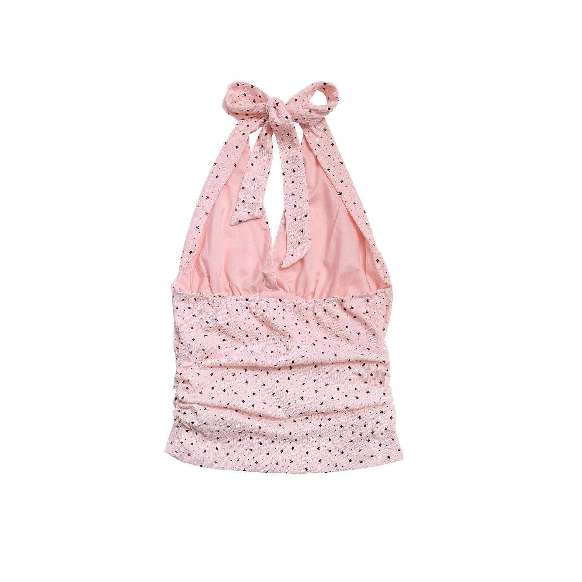 Star Print Halter Top with Bowknot Pleated Waist, Backless Fitted Cropped Blouse