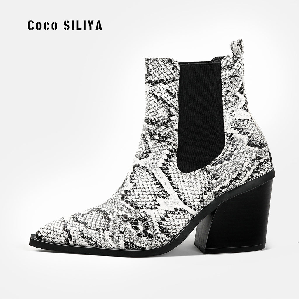 Women's Patterned Short Boots New Ankle Boots Autumn And Winter Thick Heels Pointed Toes Large Martin Boots