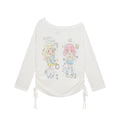 Ocean Girl Print Top Drawstring Ruffle Sweet Style Loose Long Sleeve Hoodie