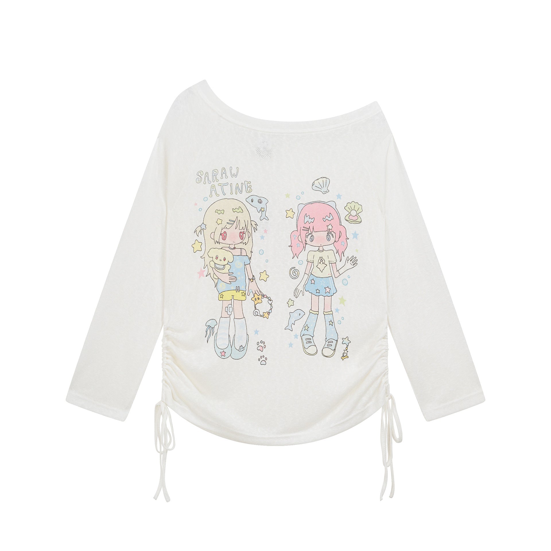 Ocean Girl Print Top Drawstring Ruffle Sweet Style Loose Long Sleeve Hoodie