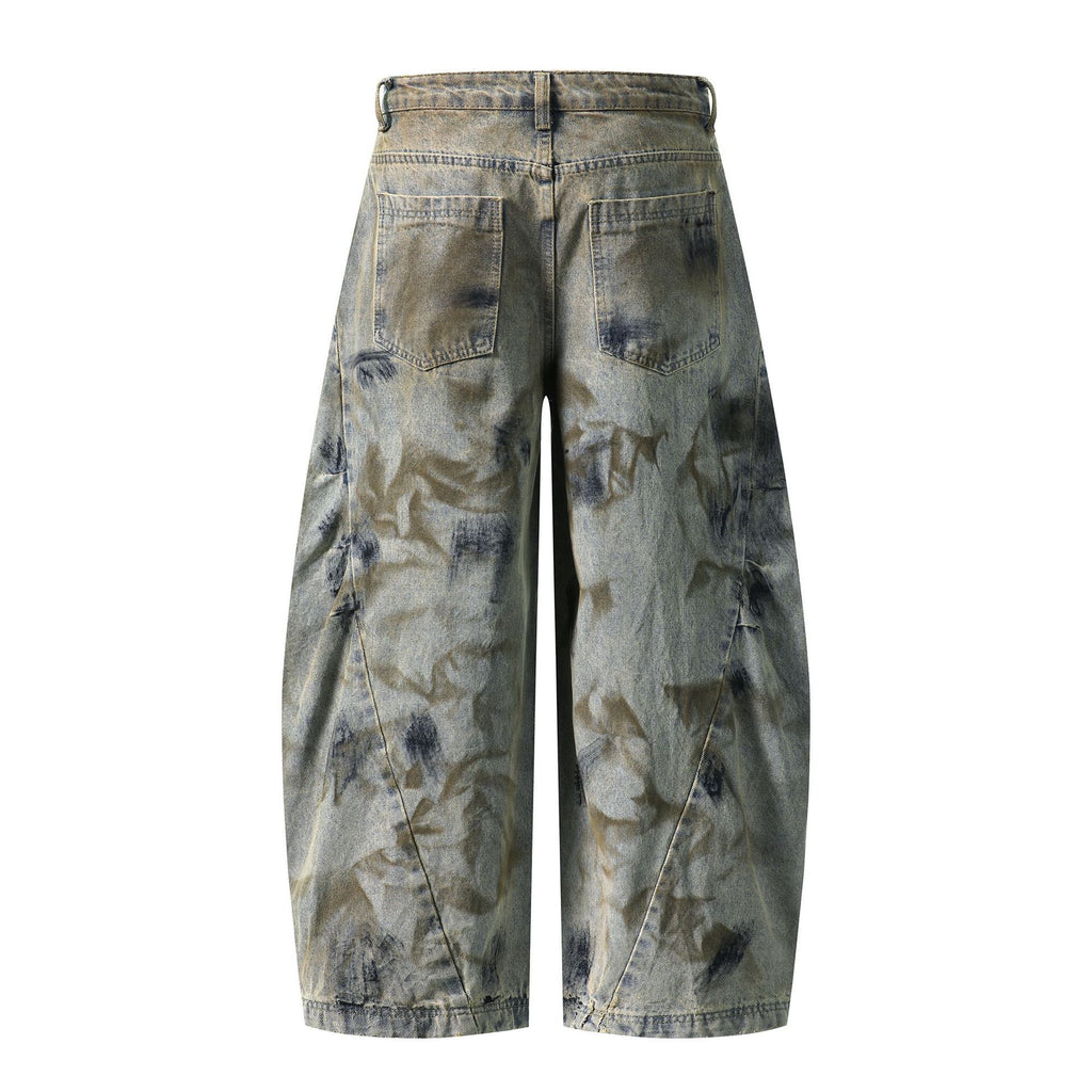 Heavy Washed Denim Pants Loose Wide Leg Patchwork Cut Versatile Long Pants