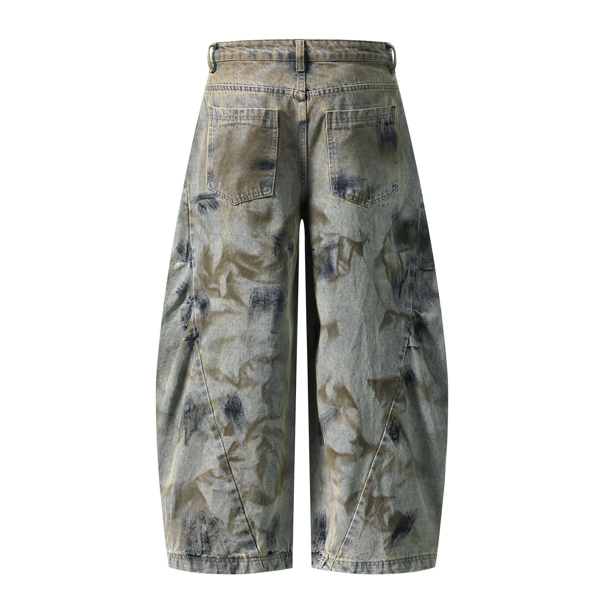 Heavy Washed Denim Pants Loose Wide Leg Patchwork Cut Versatile Long Pants