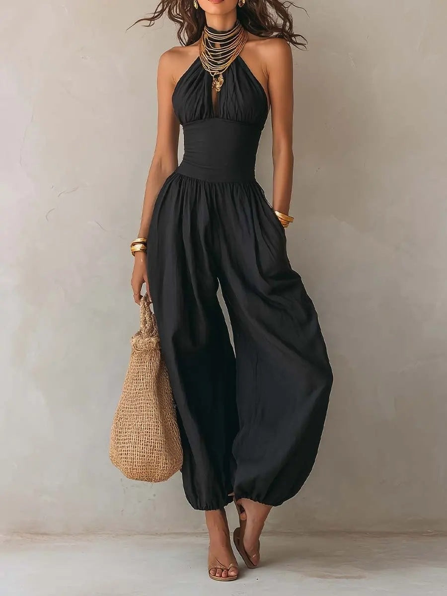 Slim-Fitting Body-Concealing Travel Halter Neck Sexy Casual Comfortable Jumpsuit
