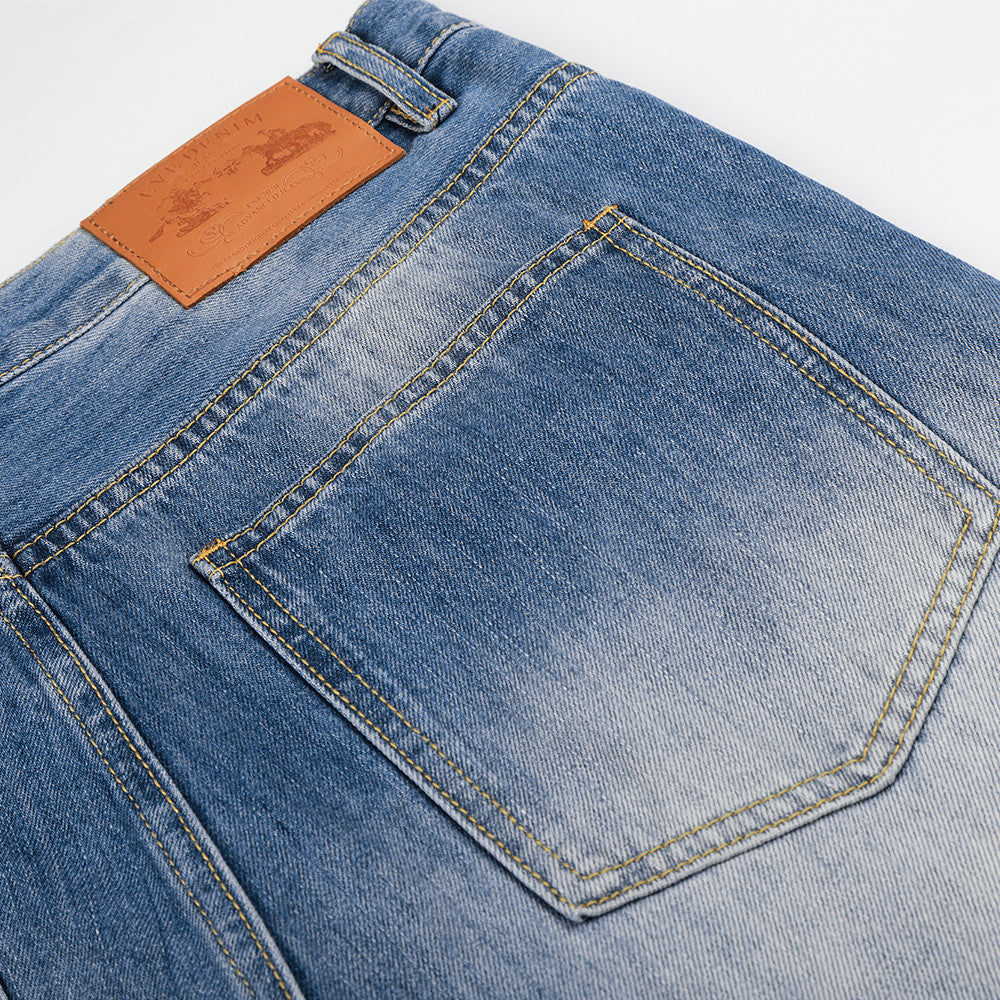 Color blocking white washed denim micro pull pants