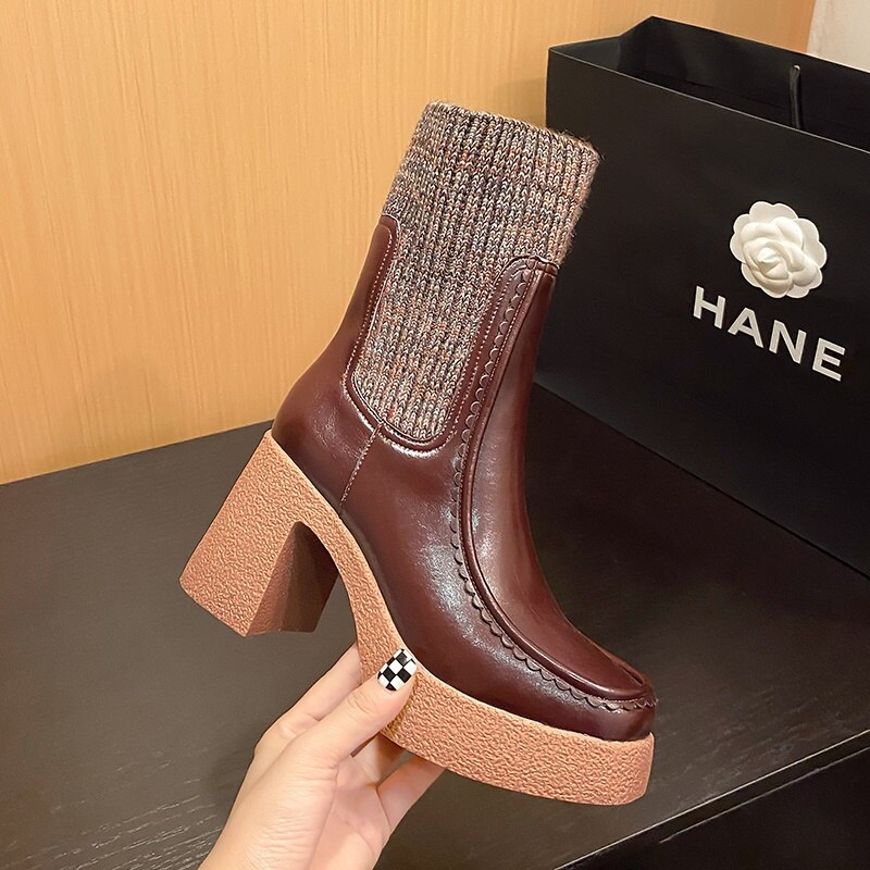 Platform Ankle Boots Woman Shoes Stretch Wool Leather Simple Brand Sock Boots High Heel Autumn Winter Warm Boots