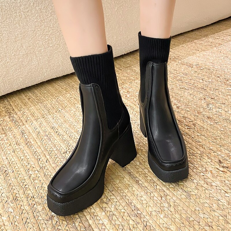 Platform Ankle Boots Woman Shoes Stretch Wool Leather Simple Brand Sock Boots High Heel Autumn Winter Warm Boots