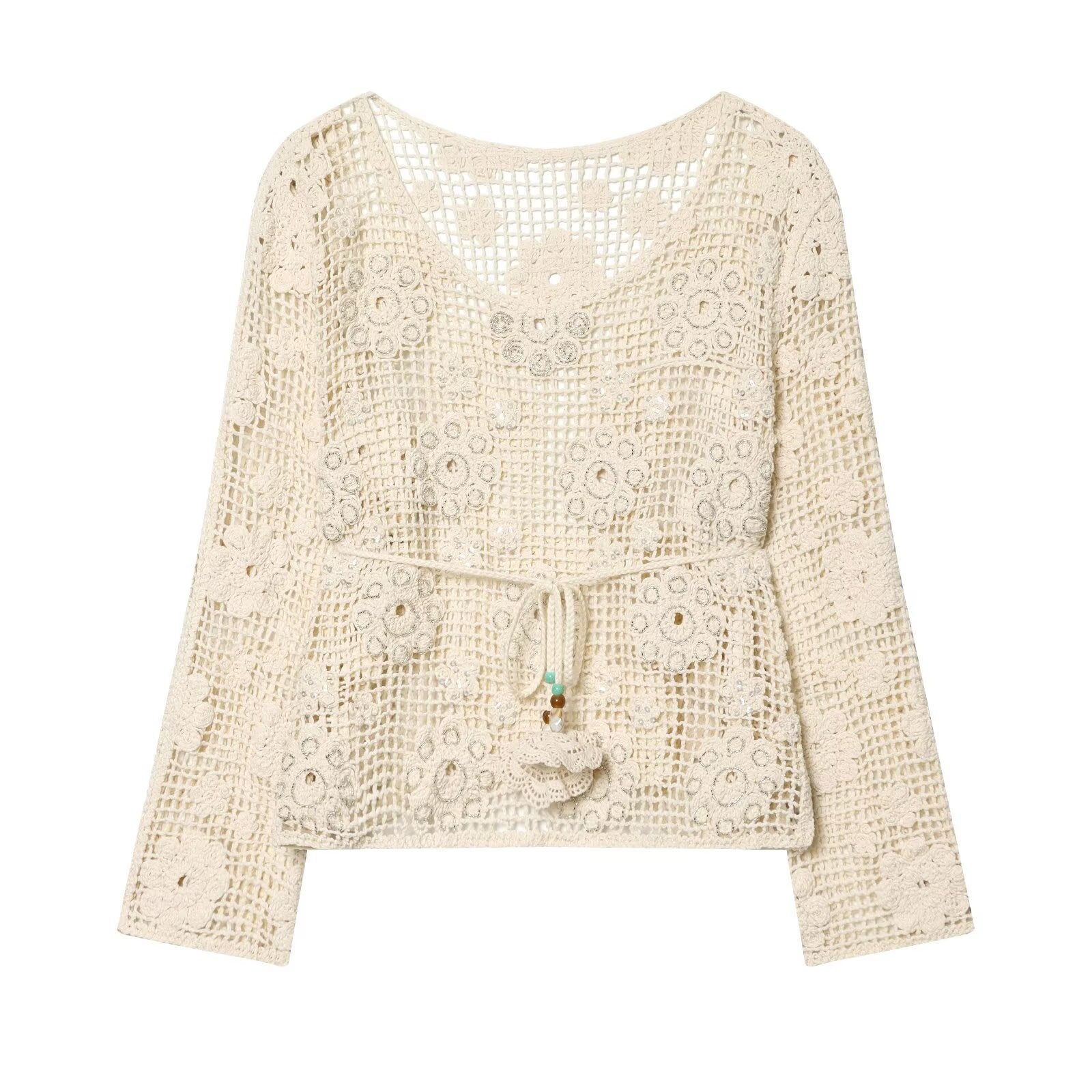 Elegant belt with diamond studded hollow out long sleeved knitted sweater