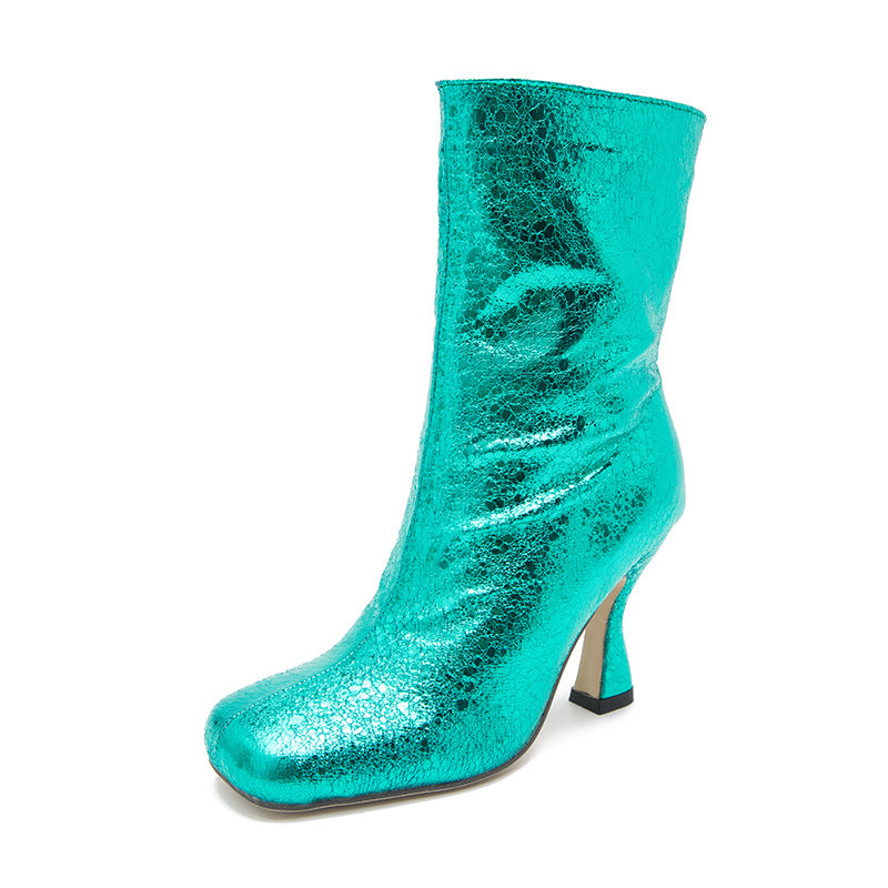 New Thin Boots New Short Boots Women's Spring and Autumn Nude Boots Mid Barrel Zipper Boots High Heel Martin Boots