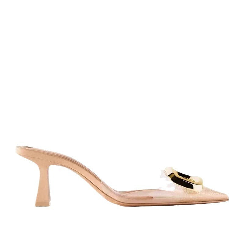Pointed toe PVC transparent rubber sandals, metal square buckle, stiletto heel, trip strap, sexy women's shoes