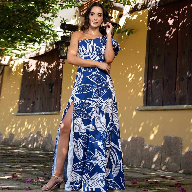 One-Shoulder Puff Sleeve Printed One-Piece Swimsuit for Women