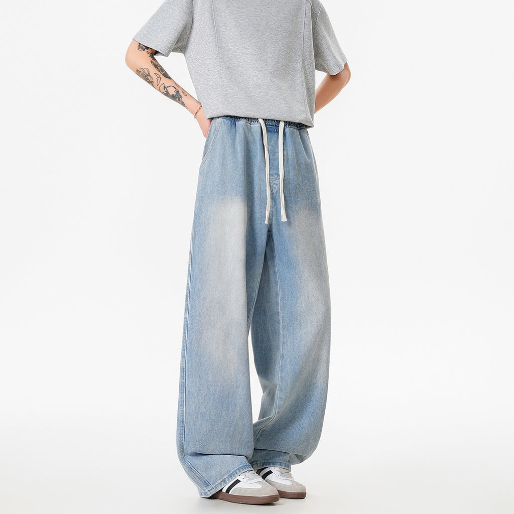 Vintage Washed Denim Pants Men  Lightweight Youth Slim Straight Loose Wide Leg Pants