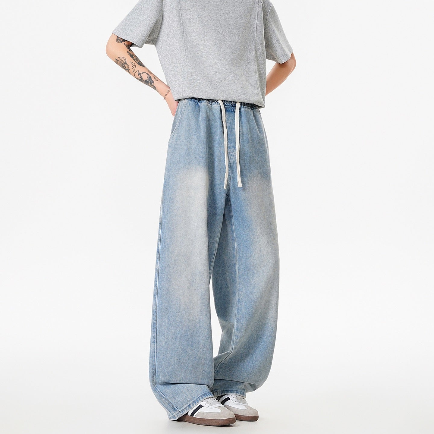Vintage Washed Denim Pants Men  Lightweight Youth Slim Straight Loose Wide Leg Pants