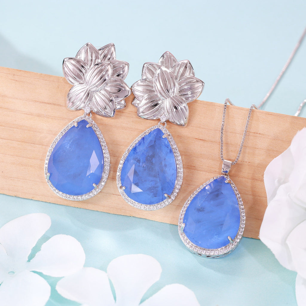 Flower earrings, light luxury and fashionable, drop earrings, sapphire gold-plated necklace set