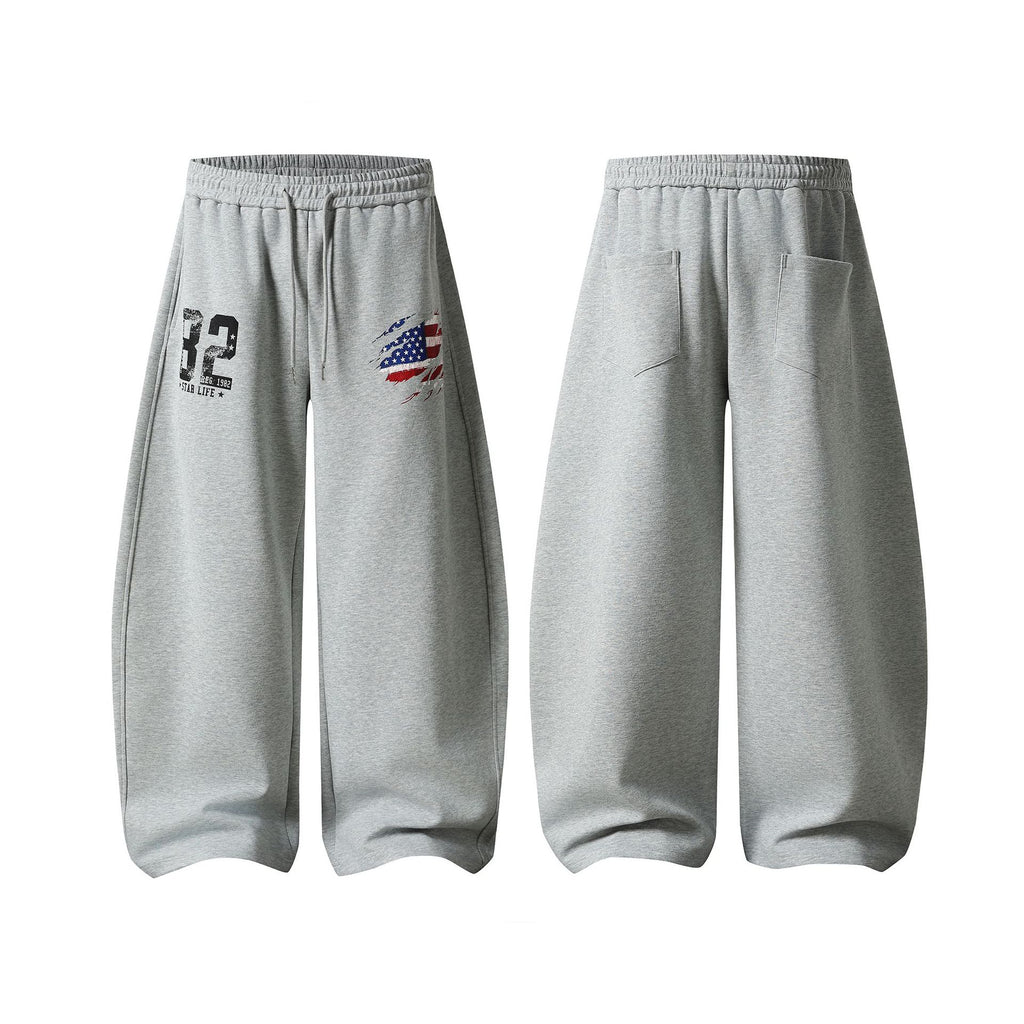 Distressed Number Flag Patchwork Sweatpants Loose Wide-Leg Style Streetwear Casual Long Pants