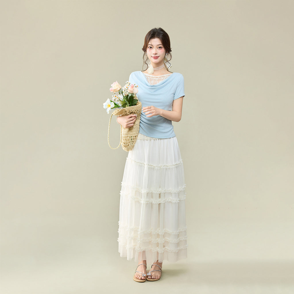 Off-Shoulder Lace Spliced Short Sleeve T-Shirt for Women, Elegant and Sexy Fitted Top with Ruffled Neckline