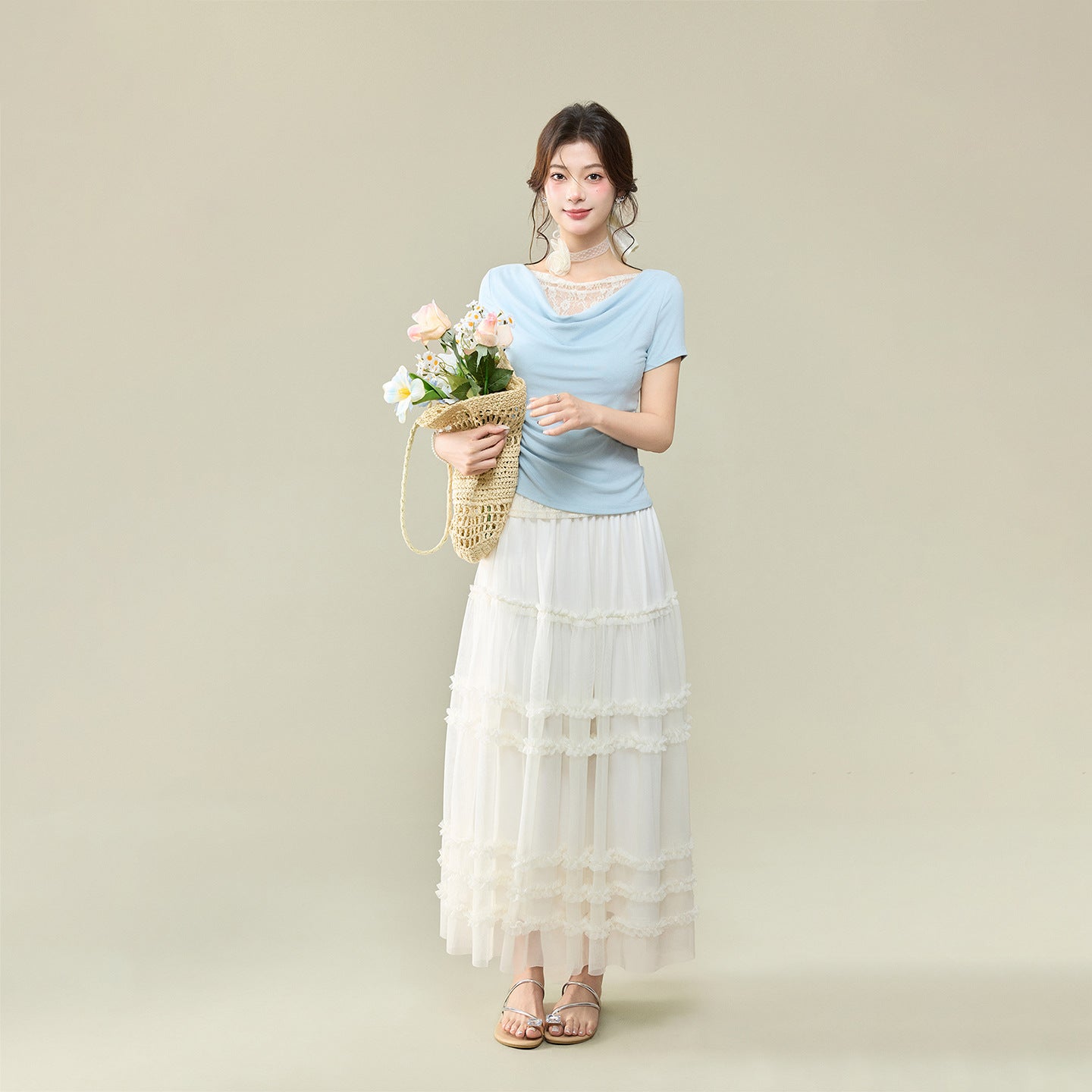 Off-Shoulder Lace Spliced Short Sleeve T-Shirt for Women, Elegant and Sexy Fitted Top with Ruffled Neckline
