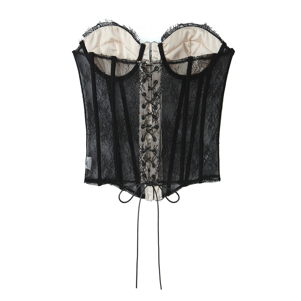 Lace Splicing Fitted Waistband Top with Strap Tube Top