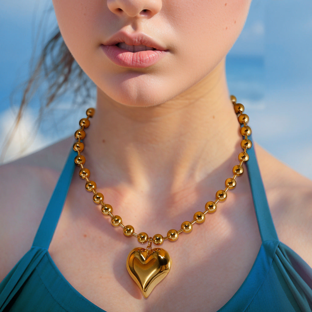 exaggerated bead chain 18K gold heart pendant necklace geometric minimalist hip-hop choker