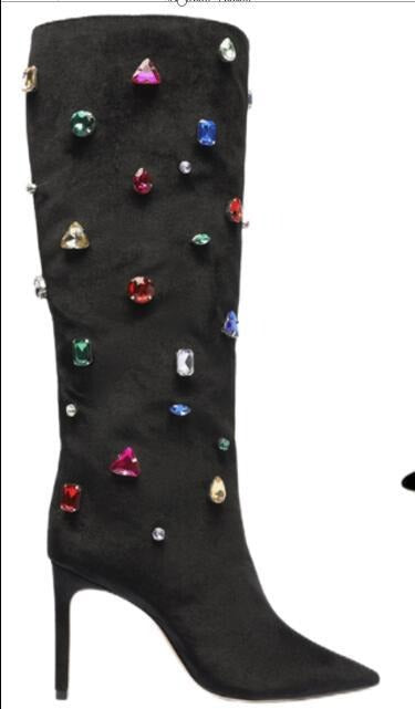 Sequined Knee-high Boots Sexy Pointed Toe Stiletto Boots Colorful Crystal Decor Fashion Shoes